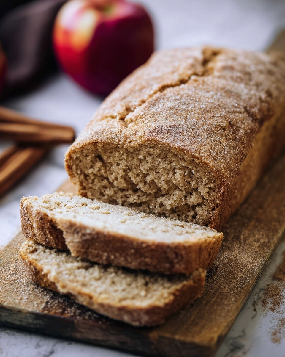The image shows a loaf of bread resting on a wooden board with two thick slices cut and placed leaning in front. The bread has a light brown, crumbly texture inside, and the crust is darker brown with a coarse sugar coating giving it a crunchy look. The loaf has small cracks on the top, hinting at a soft, moist inside. In the blurry background, a red apple and cinnamon sticks are visible on a white marbled surface. photo taken with an iphone --ar 4:5 --v 7