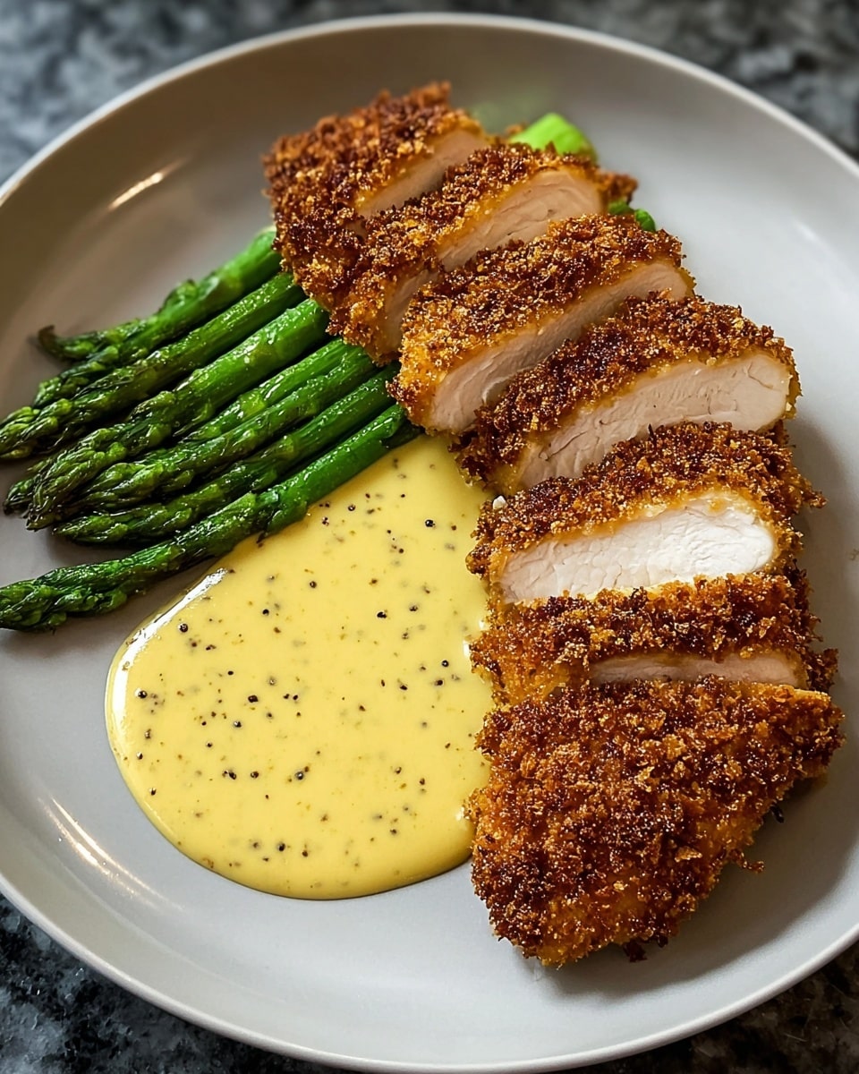 The image shows a white plate with three sections: on the left, several pieces of golden brown, crispy breaded chicken, with three slices in front revealing juicy white meat inside; at the top right, a small bowl filled with creamy yellow dipping sauce speckled with black dots; and on the bottom right, a small bunch of bright green grill-marked asparagus spears with slightly charred tips, all placed on a white marbled surface. Photo taken with an iphone --ar 4:5 --v 7