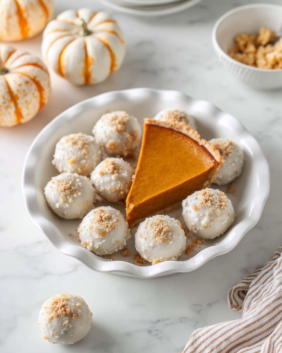 Three round treats covered in smooth white coating with light brown crumbs on top sit stacked on three white plates; one treat is cut in half on the top, showing a dense, bright orange inner layer with small white specks, while the outer white layer is thin and slightly glossy. In the background, there is a white pie dish holding more coated balls and two pale orange pumpkins with soft stripes resting on a white marbled surface. photo taken with an iphone --ar 4:5 --v 7