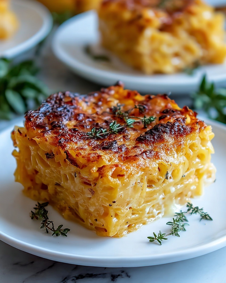 The dish is a square-shaped baked pasta piece served on a white plate, layered with tightly packed golden-yellow noodles on the bottom, topped with a slightly crispy, browned, and textured cheese layer that has a rich golden-orange color with dark caramelized spots. Fresh green thyme sprigs are scattered on top, adding a contrast to the warm colors of the pasta and cheese. The edges show some melted cheese oozing slightly, and the pasta's texture looks soft and creamy beneath the crispy top. The white plate sits on a white marbled surface with a blurred background of more pasta dishes and green leaves. Photo taken with an iphone --ar 4:5 --v 7