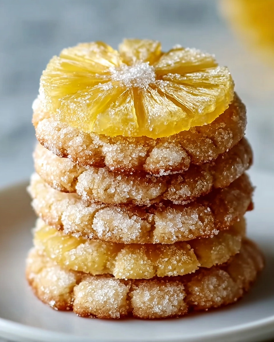 A stack of four round cookies is shown on a white plate with a white marbled texture in the background. Each cookie has a light golden color with a rough texture visible on the sides, coated in sugar crystals that sparkle slightly. The top cookie is decorated with a thin, translucent, yellow pineapple slice that has a shiny, glossy surface with subtle white sugar granules in the center. The pineapple slice shows distinct triangular segments radiating from the middle. The other three cookies below are simple with the same rough cracked texture and sugar coating. Photo taken with an iphone --ar 4:5 --v 7