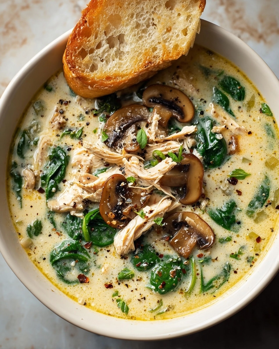 A white bowl filled with creamy soup showing a base layer of light yellow, rich liquid broth, mixed with bright green spinach leaves over it. On top, there are thin, shredded chicken pieces in pale beige color and several sliced brown mushrooms with a slightly glossy texture. The soup is sprinkled with small green herb pieces and black pepper flakes, adding spots of dark color. Resting on the bowl’s edge is a piece of toasted bread with a golden-brown crust and a soft, airy inside. The bowl sits on a white marbled textured surface, with soft natural lighting highlighting the textures and colors. photo taken with an iphone --ar 4:5 --v 7