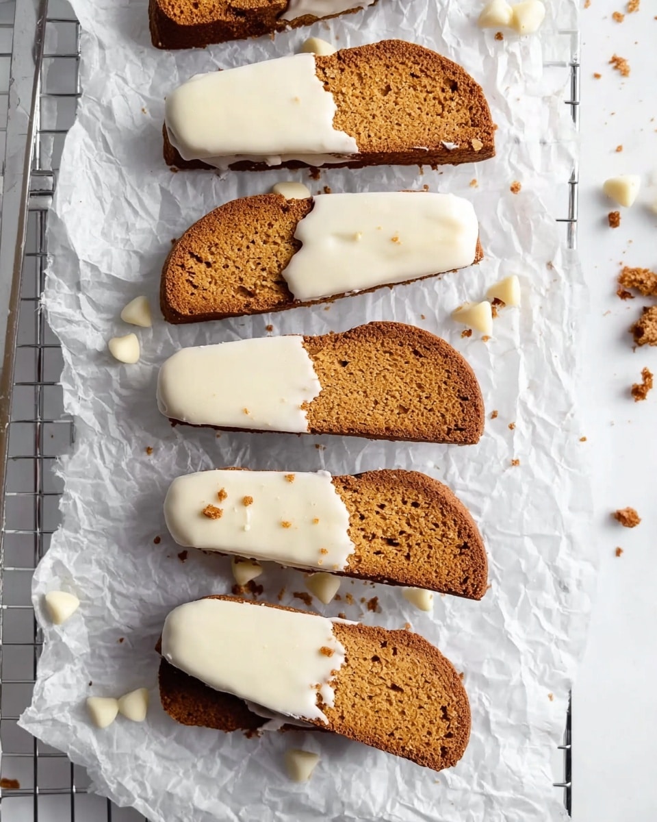 Seven toasted biscotti slices are lined up vertically on crumpled white parchment paper placed over a wire cooling rack, all set on a white marbled surface. Each biscotti is half-dipped in smooth white icing, covering one rounded end while the other end shows the textured brown baked cookie with small air pockets. Scattered around are small white chocolate chips and cookie crumbs adding detail and texture to the scene. The background and setting are bright and clean, focusing all attention on the crisp, two-tone biscotti. photo taken with an iphone --ar 4:5 --v 7