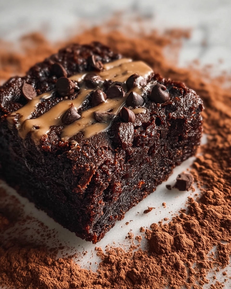 A close-up of a single thick square piece of dark chocolate brownie placed directly on a white marbled surface dusted with cocoa powder. The brownie has a rich, moist texture with small chocolate chips baked inside and a few extra chocolate chips scattered on top. A light tan creamy drizzle is spread across the top center of the brownie, adding a smooth contrast to its rough surface. The lighting highlights the brownie’s dense, fudgy appearance and the texture of the cocoa powder on the surface around it. photo taken with an iphone --ar 4:5 --v 7