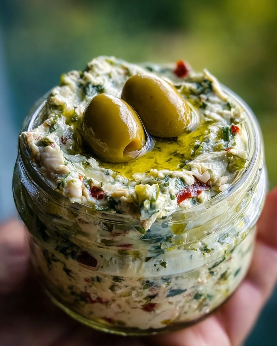 A close-up view of a small glass jar filled with a creamy, chunky dip that has a textured mix of green herbs, red bits, and white chunks throughout, showing multiple layers blended together. The top layer is uneven and thick, with a pool of golden olive oil in the center, holding two large green olives placed side by side. The jar is held by a woman's hand against a soft-focus background. The overall look is fresh and rustic, with colors of green, red, white, and gold. Photo taken with an iphone --ar 4:5 --v 7