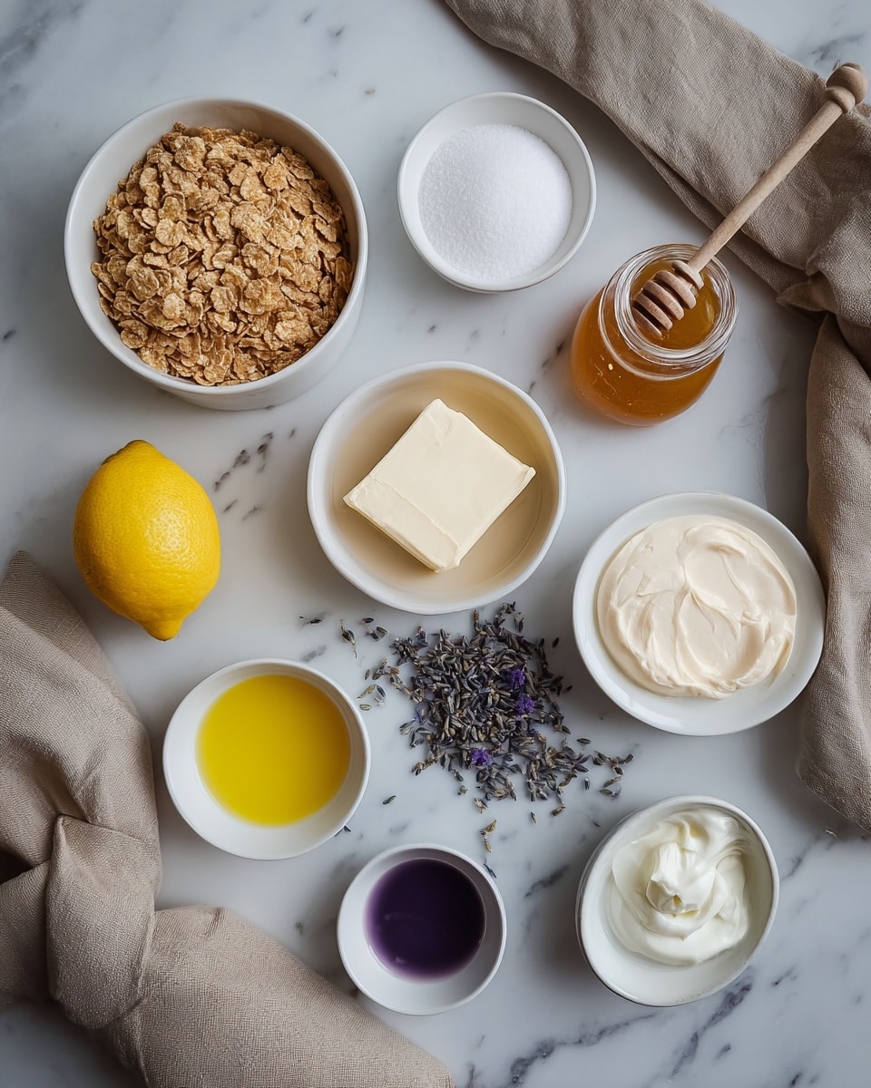 The image shows an overhead view of several white dishes arranged on a white marbled surface, each holding different ingredients. Clockwise from the top left, there is a white bowl filled with brown cereal flakes, a white bowl with white granulated sugar, a honey dipper stick near a small glass jar of honey, a small white bowl with a creamy beige mixture, a whole yellow lemon on the surface, two beige cloth napkins framing the bottom right and bottom left edges, a small white bowl with a yellow liquid, a tiny white bowl with a purple liquid, a small white bowl with a white creamy substance, and a white bowl in the center with a block of cream cheese. In the middle of all these dishes is a small pile of dried lavender. Photo taken with an iphone --ar 4:5 --v 7