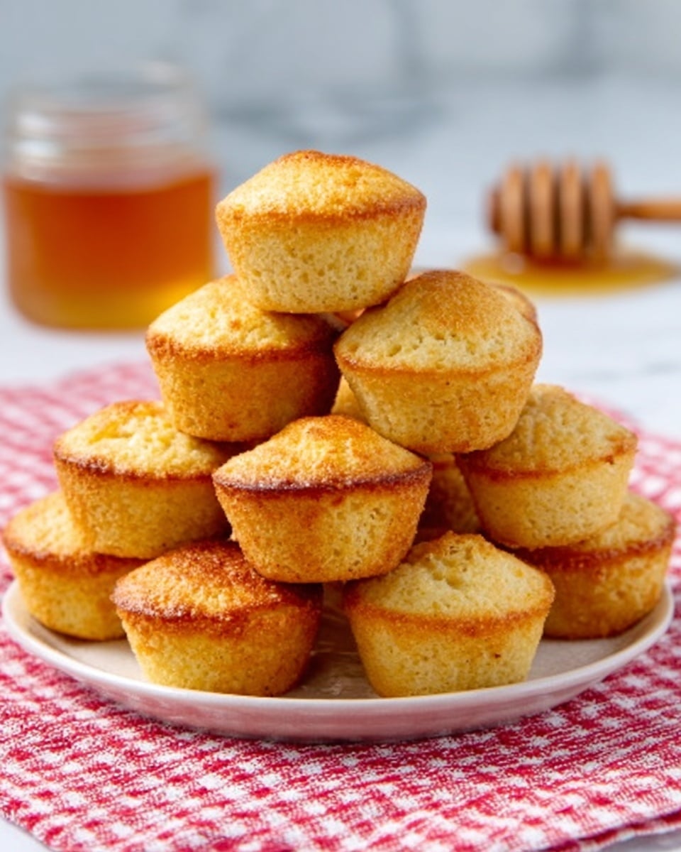 The image shows a stack of ten small, golden brown muffins arranged in a pyramid shape on a white plate that sits on a red and white checkered cloth. The muffins have a slightly rough texture on top with a light crust, each one rounded and puffy, with a warm, baked appearance. In the background, there is a blurred honey dipper and a glass of amber-colored liquid placed on a white marbled surface. Photo taken with an iphone --ar 4:5 --v 7