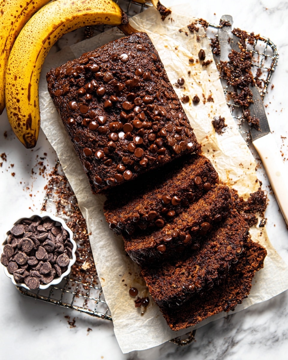 A sliced chocolate chip banana bread loaf sits on a piece of parchment paper over a white marbled surface, showing five thick slices deeply textured with moist, dark brown bread and a generous topping of shiny, melted chocolate chips. One slice is separated from the loaf and lies flat on a small metal cooling rack beside a knife with a white handle. Scattered chocolate chips and crumbs are spread around the loaf, and a small white fluted cup filled with chocolate chips is placed nearby. Part of a bunch of ripe brown-spotted bananas peeks in from the top left corner. photo taken with an iphone --ar 4:5 --v 7