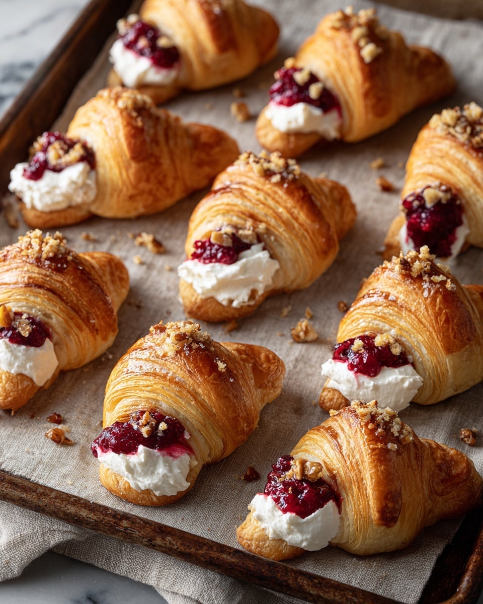 A baking tray holds ten golden brown mini croissants, each topped with a dollop of white cream cheese, a layer of bright red cranberry sauce, and a sprinkling of chopped nuts. The croissants have a shiny, slightly sugary crust with visible flaky layers. The tray rests on a soft, beige linen cloth which is placed on a white marbled surface. Some bits of nuts and crumbs are scattered around the croissants on the tray. The light highlights the texture and colors of the croissants and toppings well. photo taken with an iphone --ar 4:5 --v 7