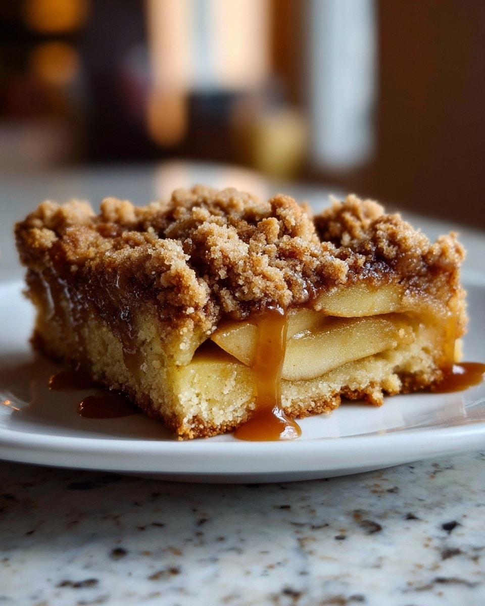 A square piece of apple crumb cake sits on a white plate, placed on a white marbled surface. The bottom layer is a light golden cake base, above it are thick slices of soft, pale yellow apples with a slightly translucent look. There is a thin layer of shiny, amber caramel sauce dripping slightly on the sides above the apples. The top layer is a rough, crumbly brown streusel with small chunks giving a textured, crunchy look. The background is softly blurred with warm indoor lighting. Photo taken with an iphone --ar 4:5 --v 7