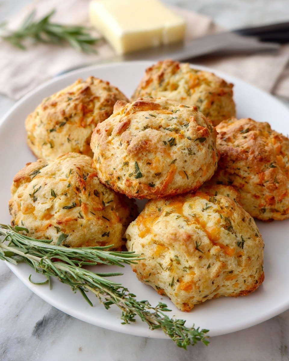 The image shows a white plate holding seven golden brown herb biscuits. Each biscuit has a rough, uneven surface with visible orange cheddar cheese bits and scattered green herbs, giving them a textured look. The biscuits are round but irregularly shaped, piled closely together. Behind the plate, there is a small bundle of fresh rosemary sprigs adding a fresh green contrast. The scene is set on a white marbled surface with butter and a black-handled knife in soft focus in the background. photo taken with an iphone --ar 4:5 --v 7