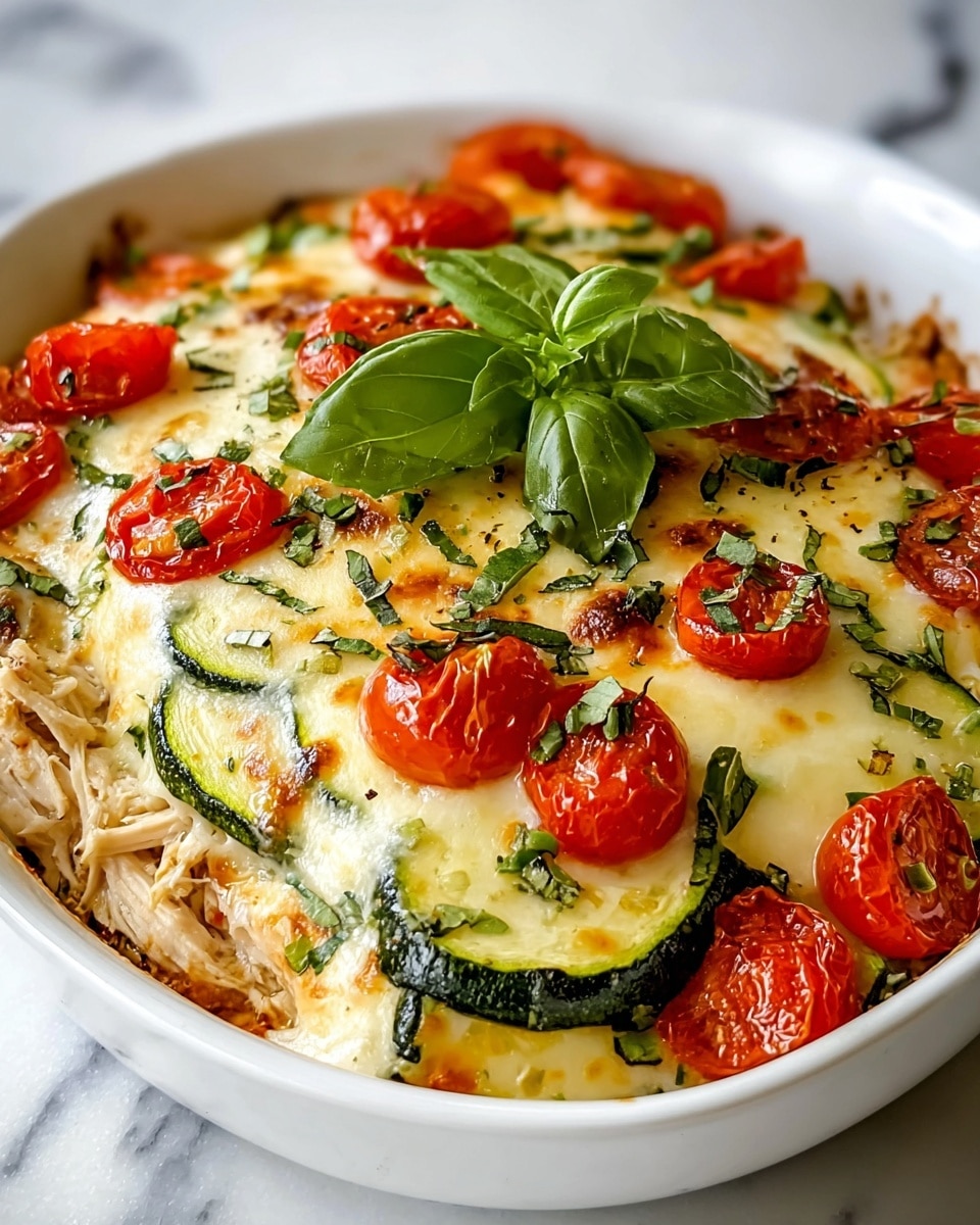 A white bowl filled with a layered baked dish starting with shredded chicken at the bottom left, topped by thick slices of green zucchini and small bright red roasted cherry tomatoes scattered throughout. Above the vegetables is a thick, melted layer of pale yellow cheese with a slightly browned, bubbly texture, garnished with finely chopped green herbs and more halved roasted cherry tomatoes. A small bunch of fresh green basil leaves rests on top at the center. The bowl sits on a white marbled surface. photo taken with an iphone --ar 4:5 --v 7