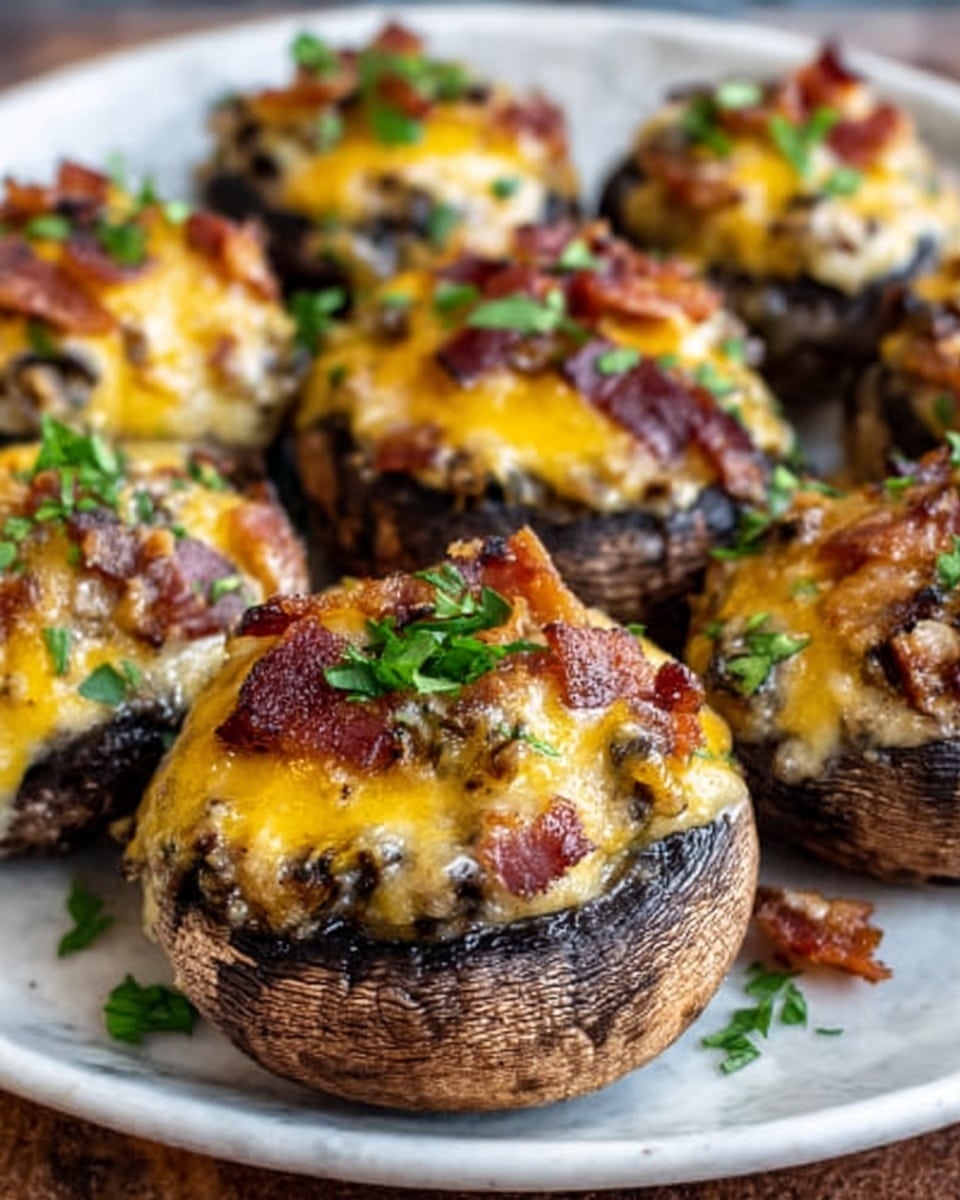 The image shows a white plate filled with baked stuffed mushrooms, each mushroom cap is dark brown and full, topped with a golden-yellow melted cheese layer mixed with small pieces of reddish-brown bacon. The cheese has a gooey texture, slightly browned on top, and there are small green herb leaves scattered on and around the mushrooms adding a fresh touch. The mushrooms are closely placed together, creating a warm and appetizing look against a white marbled background. photo taken with an iphone --ar 4:5 --v 7