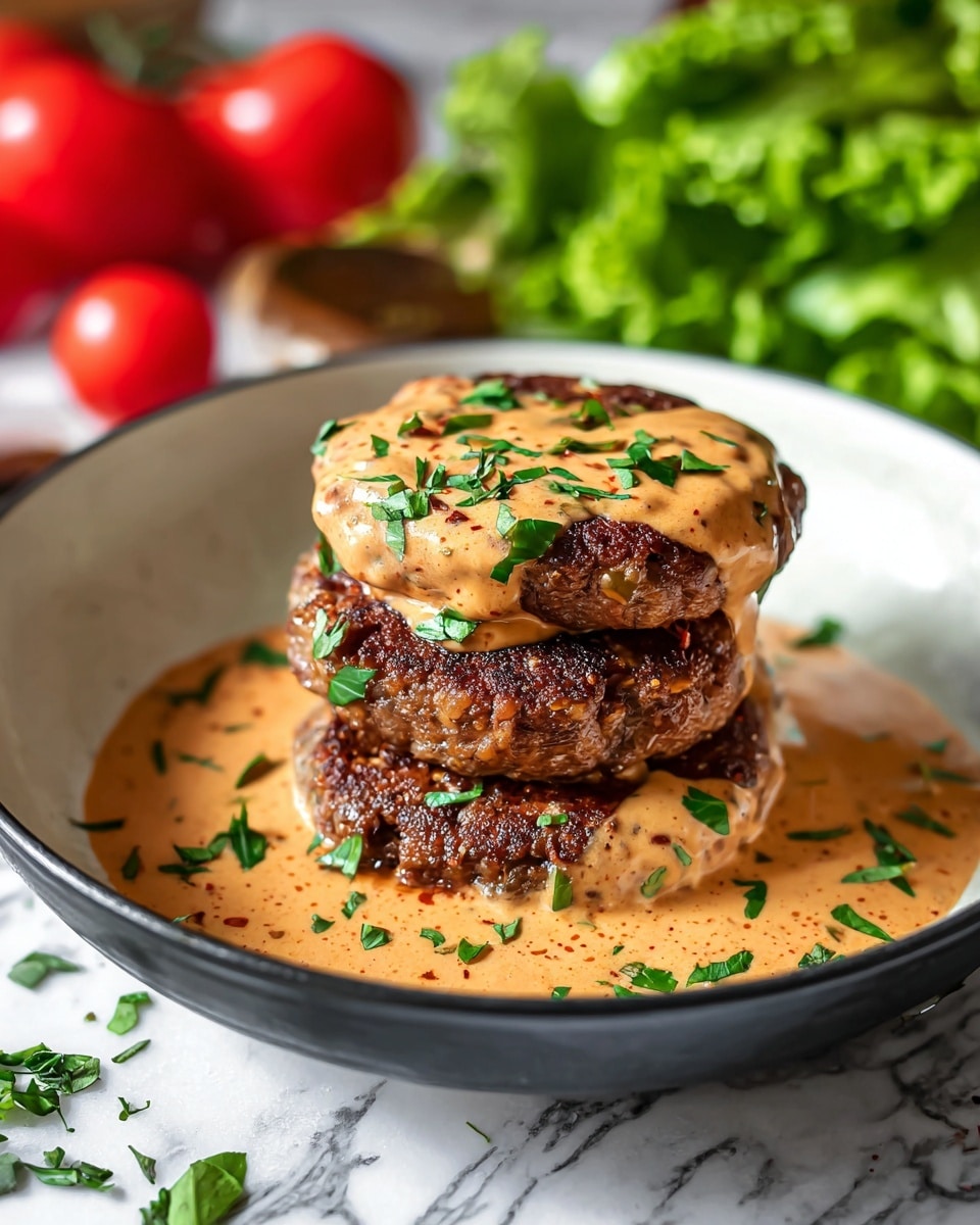 The image shows three thick browned patties stacked in a small white pan with a black edge, covered with creamy orange sauce mixed with small bits of herbs and spices. The creamy sauce pools around the base of the patties, and fresh green chopped herbs are sprinkled on top and around the dish. In the background, there are blurred fresh red tomatoes and green lettuce, all set on a white marbled surface, enhancing the colorful and fresh look of the dish. Photo taken with an iphone --ar 4:5 --v 7