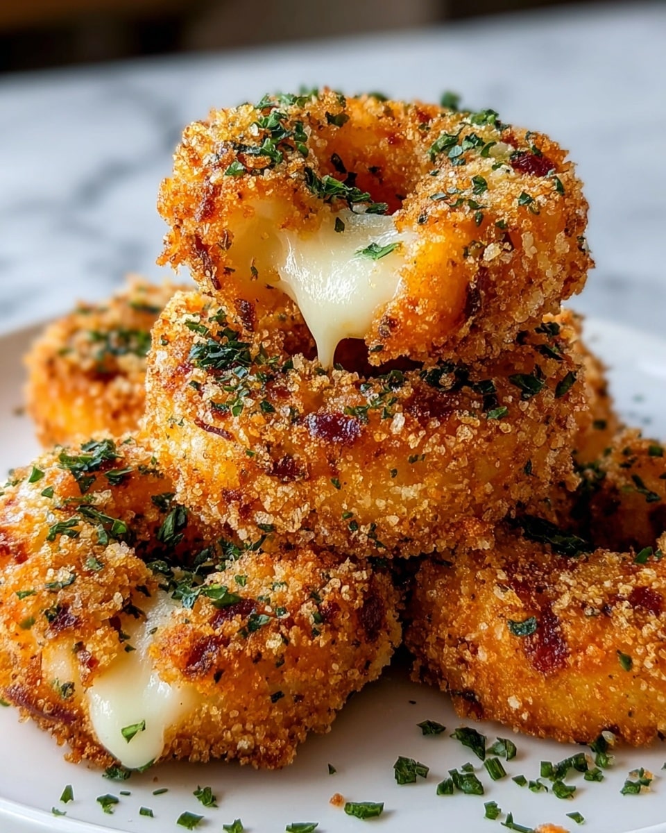 A close-up view of four round, golden-brown fried cheese rings stacked on a white plate on a white marbled surface, with finely chopped green herbs sprinkled around them. Each ring has a crispy, textured outer layer with visible bits of red seasoning and green herbs. The inside is filled with melted white cheese that is oozing out from the top ring, showing a smooth, creamy texture. The fried coating looks crunchy with a mix of small crunchy crumbs and herbs embedded in it. photo taken with an iphone --ar 4:5 --v 7