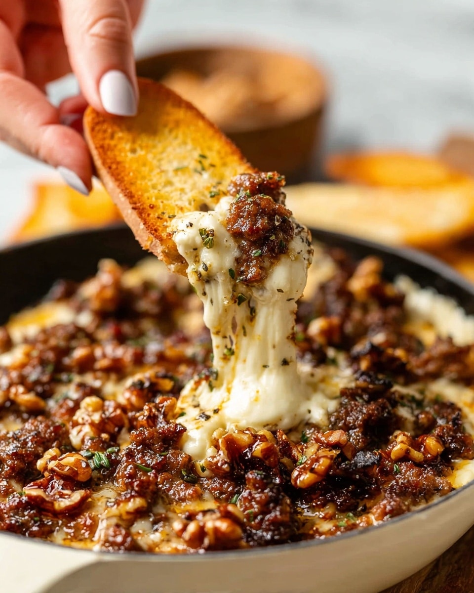 The image shows a close-up of a dish with layers of browned, crumbled sausage with a crispy texture, mixed with small pieces of toasted walnuts, and topped with a melted, creamy white cheese that is gooey and stretchy. A piece of crispy toasted bread with a light golden color is being held by a woman's hand and dipped into the mixture, with the cheese and sausage clinging to the bread. The sausage and cheese sit in a white skillet, placed on a white marbled surface, with a blurred bowl in the background. Photo taken with an iphone --ar 4:5 --v 7
