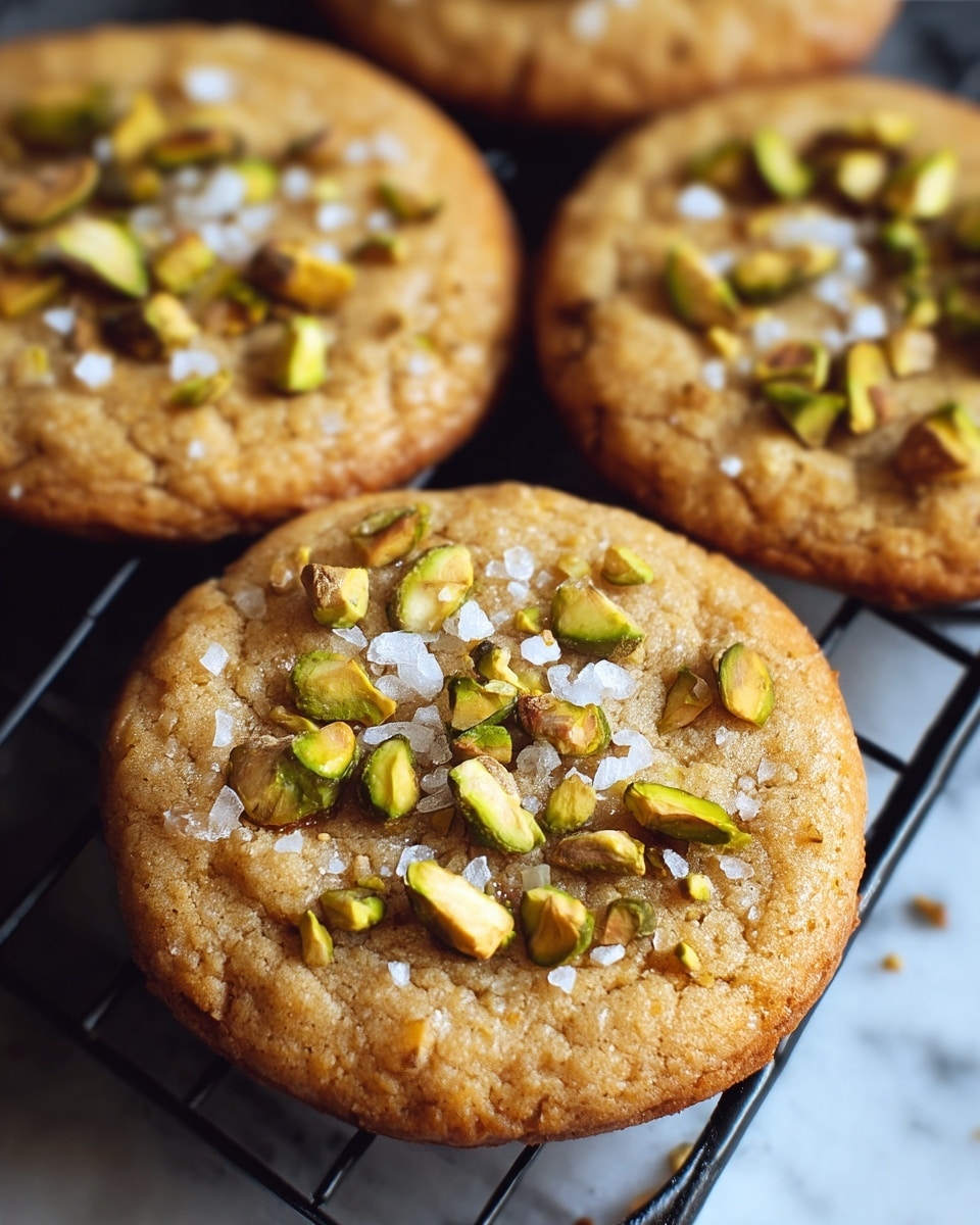 A close-up view shows four round cookies with a golden-brown color, each topped with roughly chopped green pistachio nuts and coarse white salt flakes scattered on the surface. The cookies have a slightly cracked texture, indicating a crispy outside and soft inside. They are placed on a black cooling rack over a white marbled texture, with the front cookie in sharp focus and the others softly blurred in the background, showing depth. photo taken with an iphone --ar 4:5 --v 7