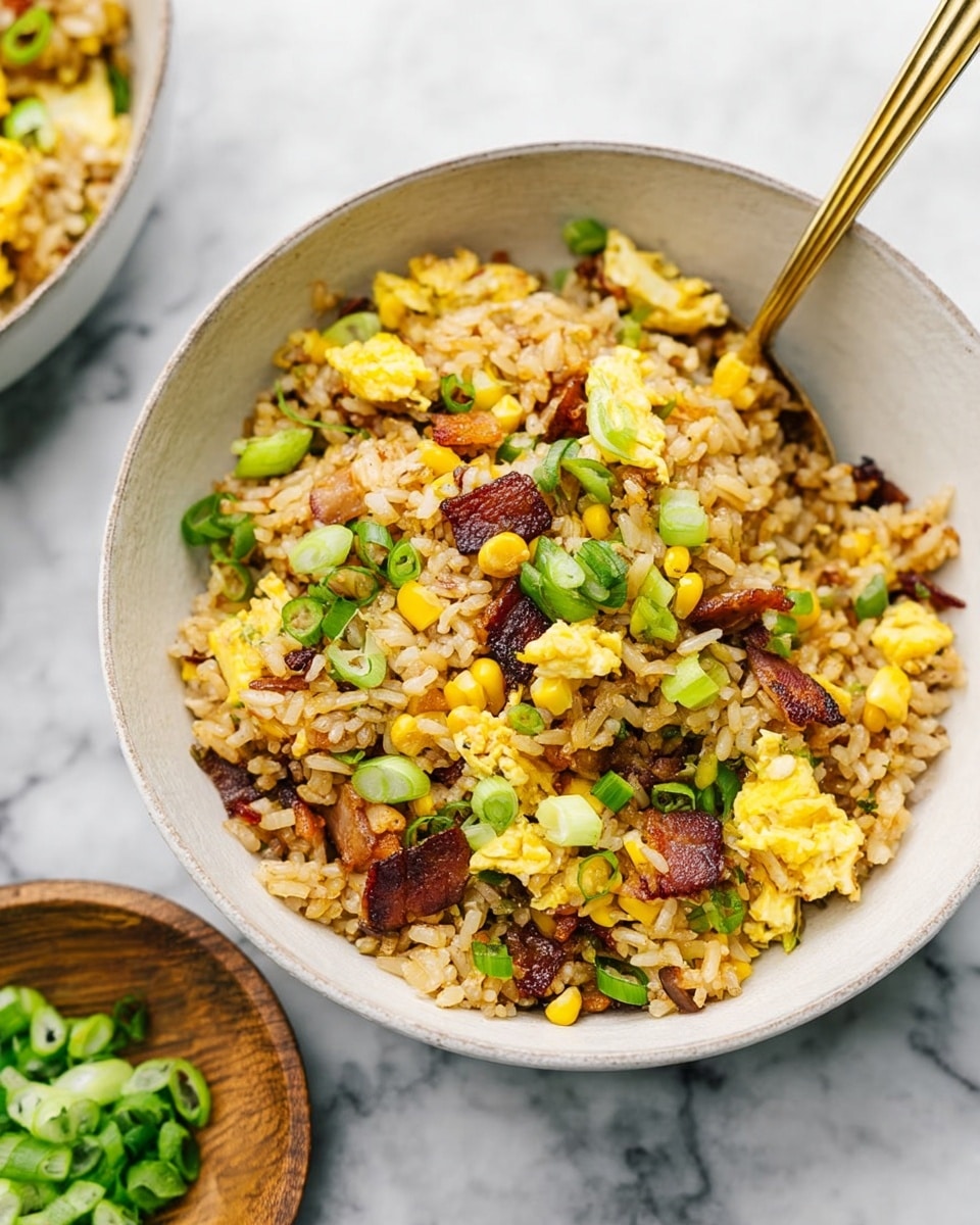 A white bowl filled with fried rice showing multiple layers including light brown cooked rice, yellow scrambled eggs, crispy dark brown bacon pieces, yellow corn kernels, and green sliced spring onions mixed evenly. A gold spoon is placed inside the bowl partially buried under the ingredients. In the background, there is a wooden bowl with chopped green spring onions on a white marbled surface. photo taken with an iphone --ar 4:5 --v 7