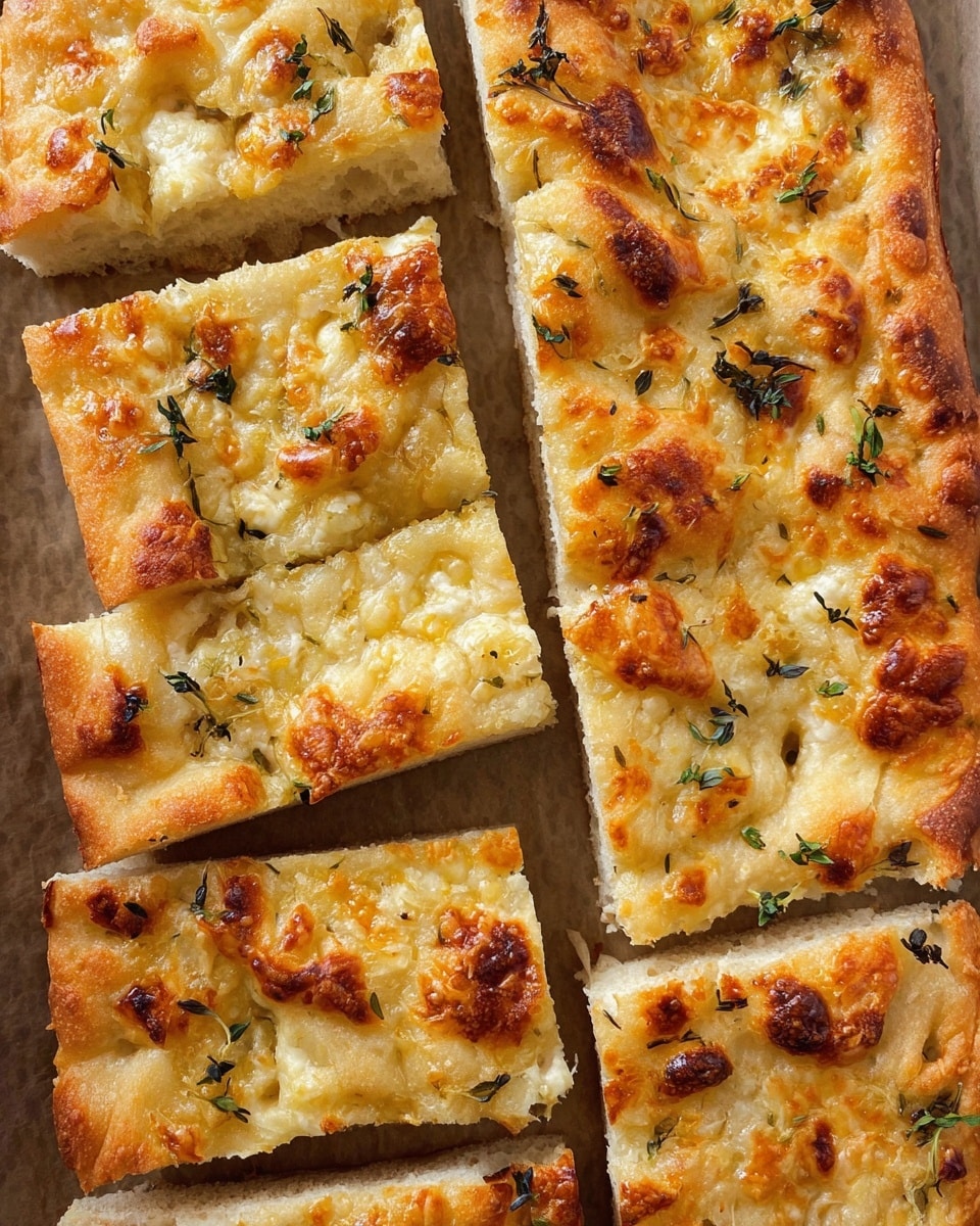 The image shows a rectangular focaccia bread cut into several square and rectangular pieces arranged on a baking sheet. The focaccia has three visible layers: a golden-brown, slightly crispy top layer with melted cheese patches and scattered small green thyme leaves, a soft, airy dough layer in the middle with a pale cream color, and a light golden crust on the edges that appears slightly crunchy. The bread surface has a rough, bubbly texture with some darker toasted spots, giving it a rustic look. photo taken with an iphone --ar 4:5 --v 7