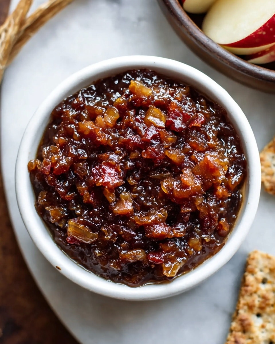 A small white bowl filled with a chunky dark brown sauce that has visible bits of caramelized onions and small pieces of bacon or similar meat, giving it a glossy, textured look. The sauce appears thick and sticky with a mix of deep reddish-brown and golden-brown colors. The bowl is placed on a white marbled texture surface. Partially visible are chopsticks next to the bowl, and on the right edge, there is a glimpse of a white bowl with sliced apples and a crunchy cracker. Photo taken with an iphone --ar 4:5 --v 7
