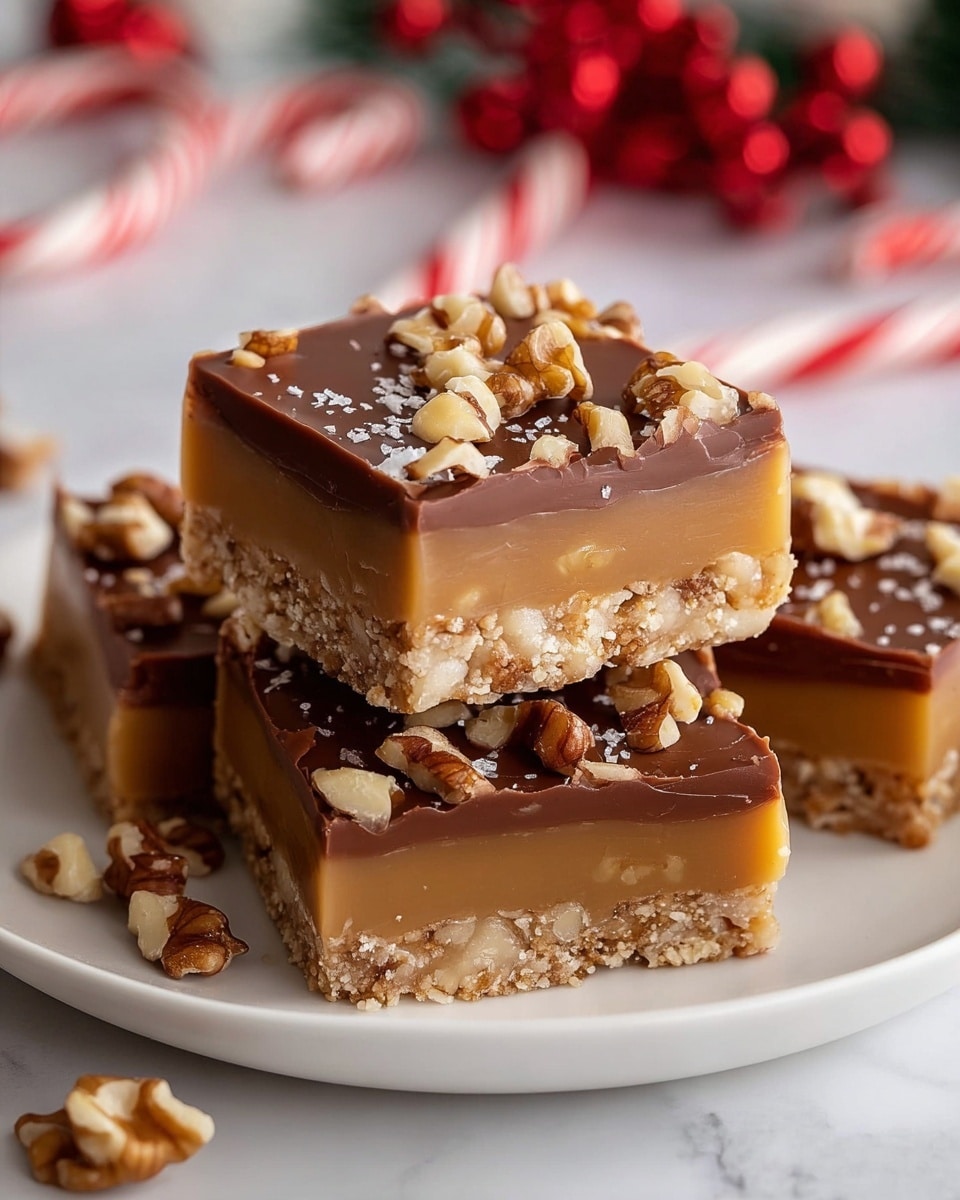 The image shows three square pieces of a layered dessert stacked on a white plate. Each piece has three distinct layers: a bottom crunchy layer with light brown bits, a thick middle caramel layer in warm golden brown, and a smooth top layer of glossy milk chocolate sprinkled with chopped walnuts. Extra walnut pieces are scattered on the plate around the dessert. The background has blurry Christmas decorations with red and white candy canes and a white marbled texture surface. Photo taken with an iphone --ar 4:5 --v 7