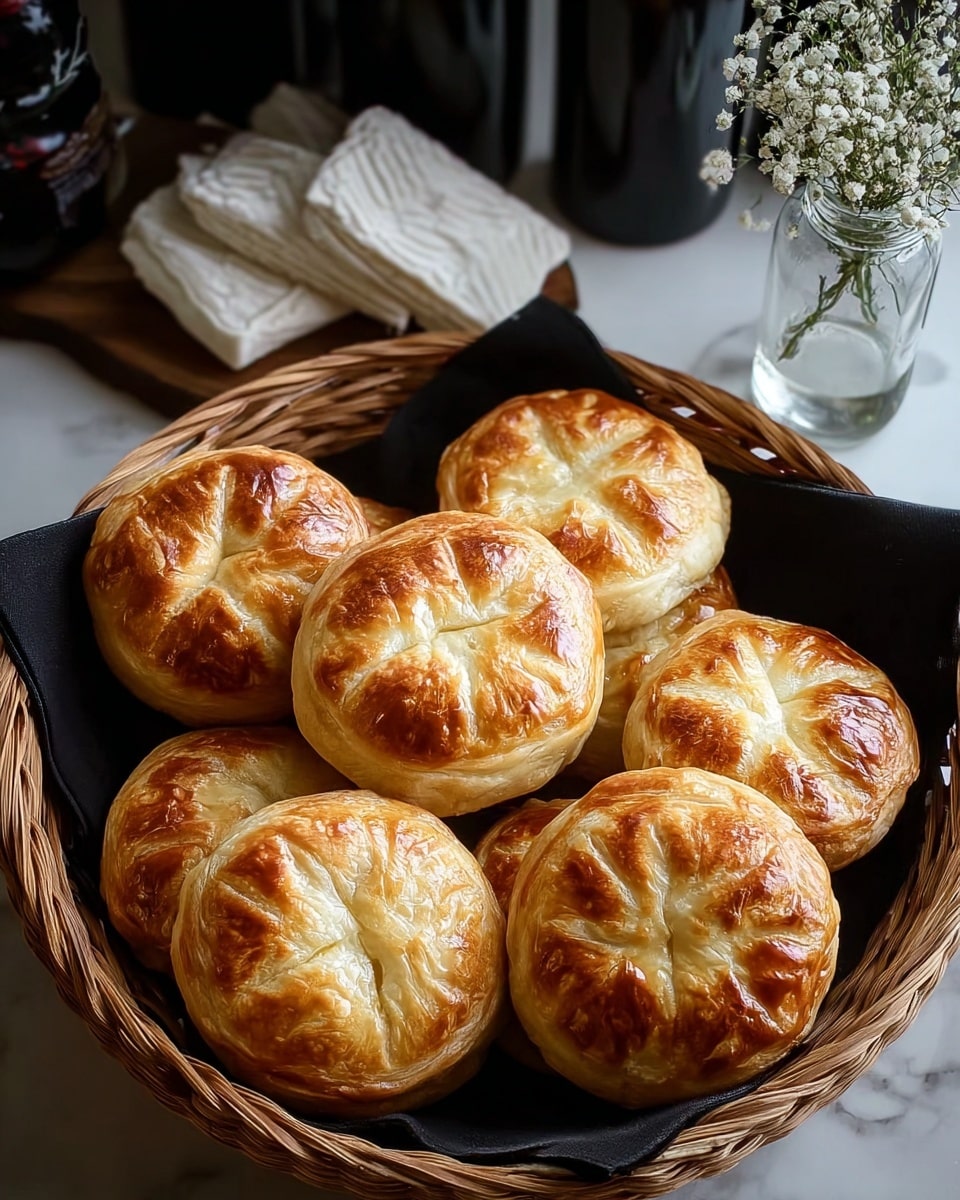 A round woven basket holds seven golden-brown pastries with a glossy, flaky crust. Each pastry is round with a slightly puckered top, featuring two overlapping dough strips crossing in the center to create a simple decorative pattern. The pastries show a mix of smooth and slightly puffed areas with crisp edges. The basket is set on a black cloth, and in the background, there are dark bottles, folded white cloth napkins, and a small glass jar with tiny white flowers, all placed on a white marbled surface. photo taken with an iphone --ar 4:5 --v 7