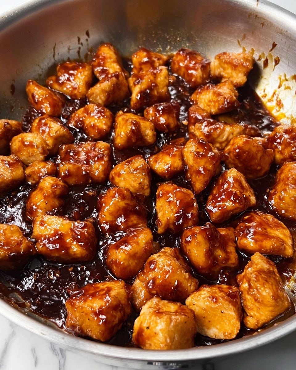 The image shows many small, golden-brown chicken pieces in a shiny silver pan. Each piece is thickly coated with a dark, shiny sauce that looks sticky and rich, filling the spaces between the chicken chunks. The chicken pieces have a slightly crispy texture on the edges with some caramelized spots. The pan itself has some brown marks and sauce stains near the sides, showing it is cooking on a stove. The background is a white marbled texture. Photo taken with an iphone --ar 4:5 --v 7