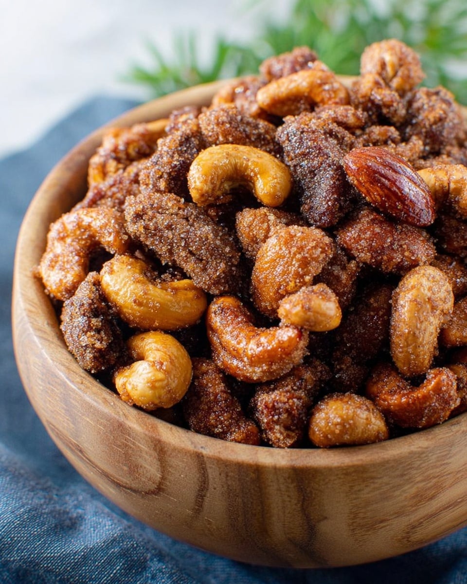 A close-up image showing a wooden bowl filled with mixed candied nuts, including cashews and almonds, all coated in a shiny, sugar-spiced glaze that gives a rich golden-brown and dark brown color palette. The textured sugar coating sparkles lightly under soft light. The bowl sits on a white marbled textured surface with a subtle blue cloth and a green plant blur in the background. The nuts are piled high, almost overflowing from the bowl. photo taken with an iphone --ar 4:5 --v 7