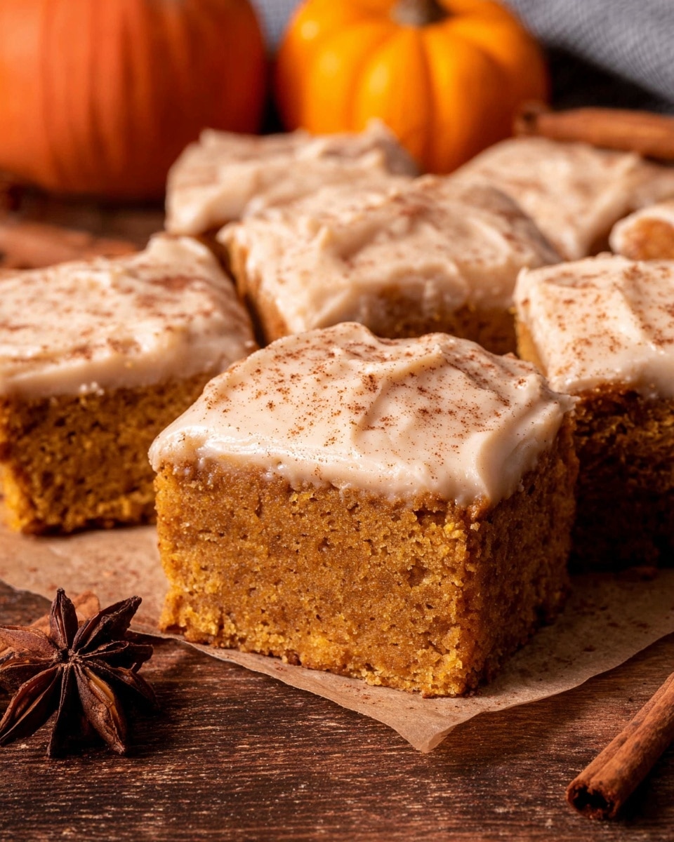 This image shows a close-up of thick square slices of moist pumpkin cake with a light brown creamy frosting on top, sprinkled evenly with a fine dusting of cinnamon. Each slice reveals the cake's dense, slightly crumbly texture in a warm orange-brown color beneath the smooth frosting layer. The cake pieces are set together on parchment paper over a wooden surface with star anise and a round orange pumpkin placed nearby for decoration. The scene has a cozy, autumn feel with a soft focus on the background. Photo taken with an iphone --ar 4:5 --v 7