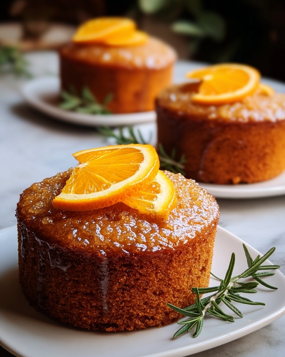 Three small round orange cakes are placed on white square plates over a white marbled surface. Each cake has a golden-brown textured crust with a shiny sugar glaze on top. The top of every cake is decorated with two thin orange slices arranged in a slightly overlapping manner. The closest cake also has a small green sprig of rosemary placed beside the orange slices. The background is softly blurred, focusing attention on the cakes' moist and rich texture. Photo taken with an iphone --ar 4:5 --v 7