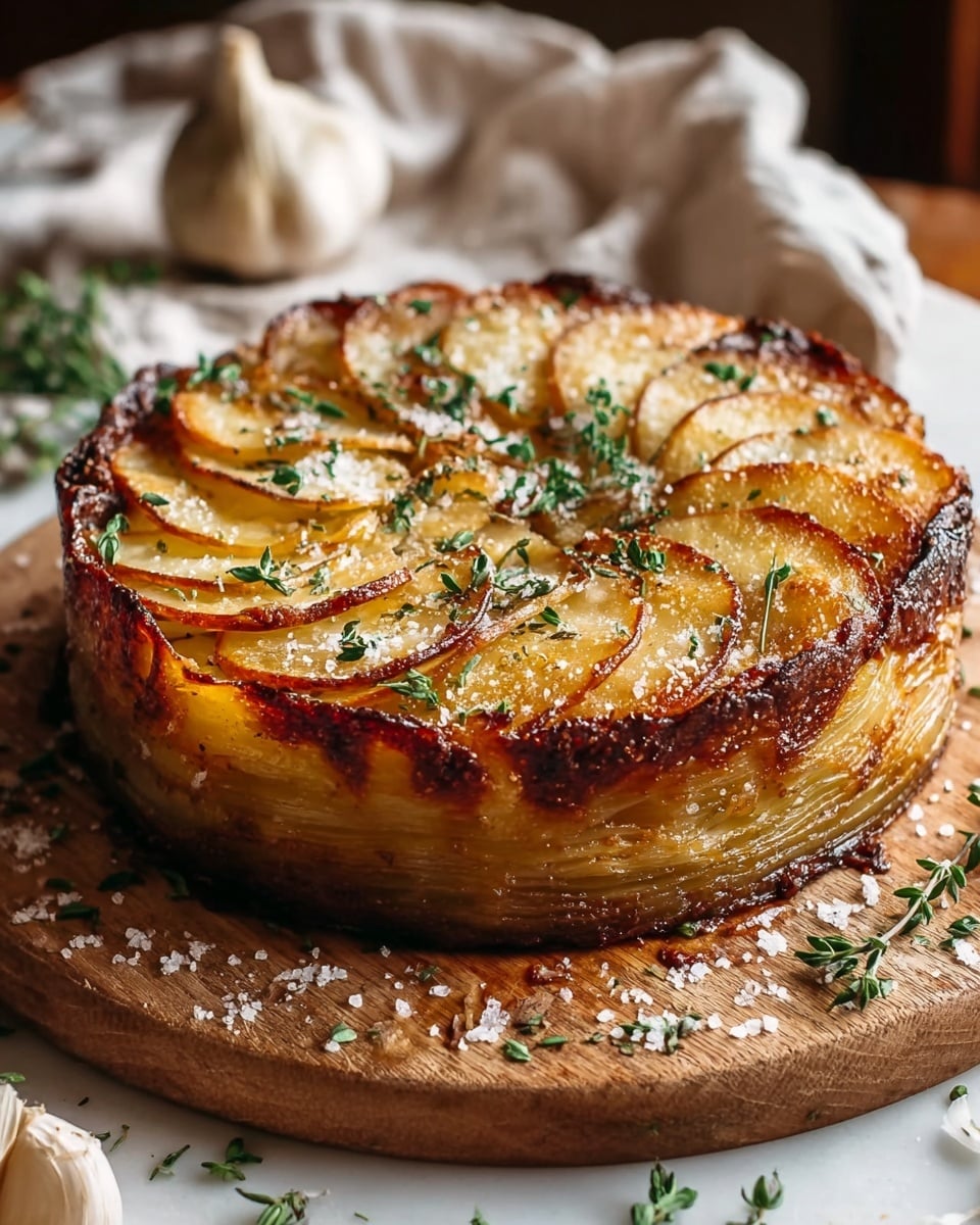 A round, thick potato gratin cake with many visible layers of thinly sliced, golden-brown cooked potatoes stacked neatly one on top of another, showing about 10 layers in the cut section. The top layer has evenly placed, browned potato slices arranged in a circular pattern, sprinkled with coarse salt and small green herb leaves. The edges are crispy and browned with a rich caramel color. It is served on a wooden round board, with some scattered green herb sprigs and salt crystals around it, set on a white marbled surface. In the background, blurred light-toned cloth and garlic bulbs add a rustic feel. Photo taken with an iphone --ar 4:5 --v 7
