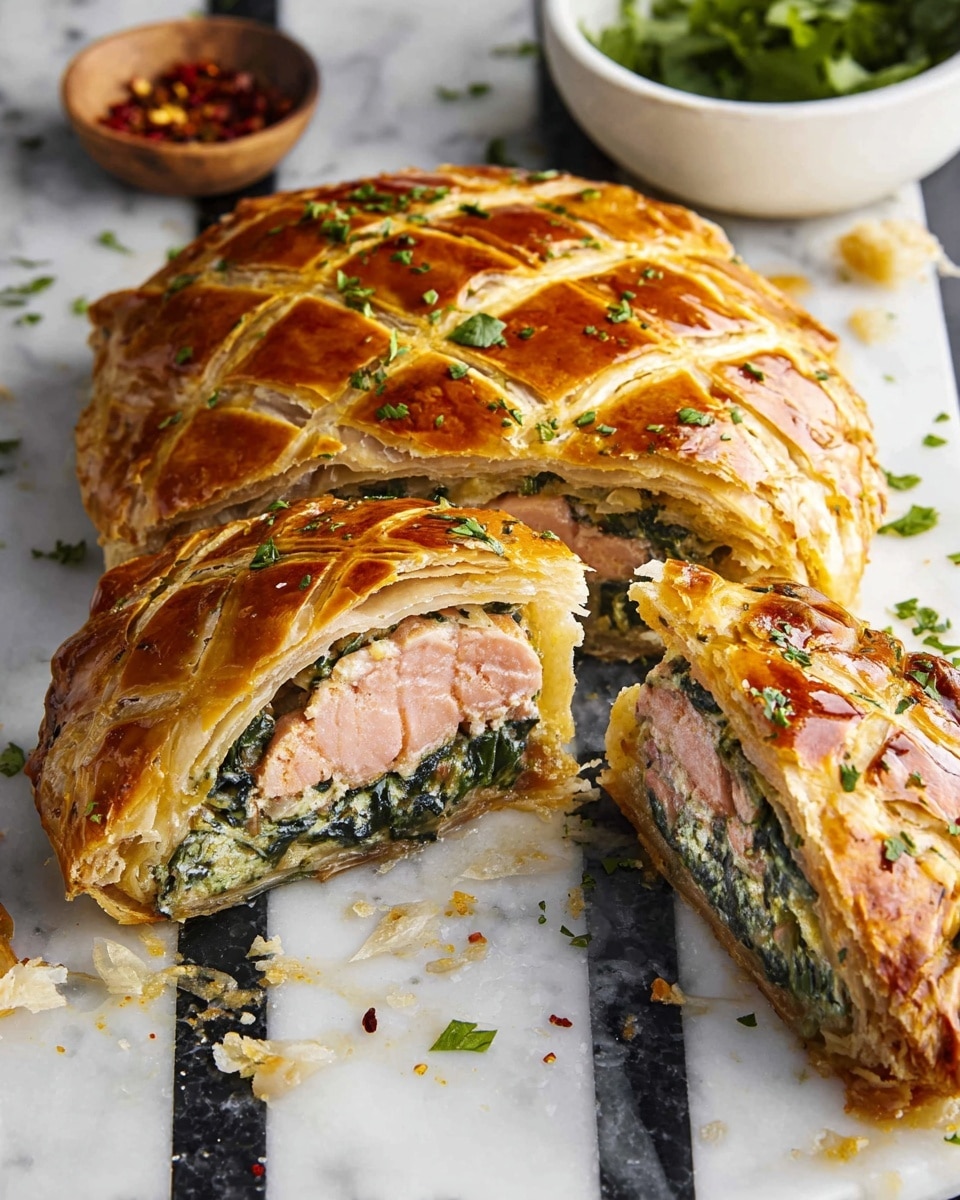 A golden brown pastry cut open to show three layers inside: the outermost flaky, shiny crust with a light brown color, the middle layer of creamy white cheese mixed with green herbs, and the innermost layer of tender pink salmon chunks. The pastry is sprinkled with small green herb pieces on top. It is placed on a white marbled surface with black stripes, and a white bowl with orange contents is partly visible in the background. Photo taken with an iphone --ar 4:5 --v 7