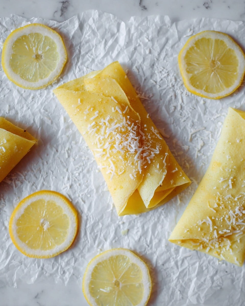 The image shows thin rolled yellow crepes placed on crinkled white paper, each crepe having a layer of white shredded coconut sprinkled on top. There are several pale yellow lemon slices scattered around, adding a fresh contrast. The texture of the crepes looks soft and smooth, with one edge slightly curled over. The white shredded coconut adds a textured, slightly rough layer over the smooth crepe base, creating a nice two-layer look. The whole scene rests on a white marbled surface that brightens the image. photo taken with an iphone --ar 4:5 --v 7