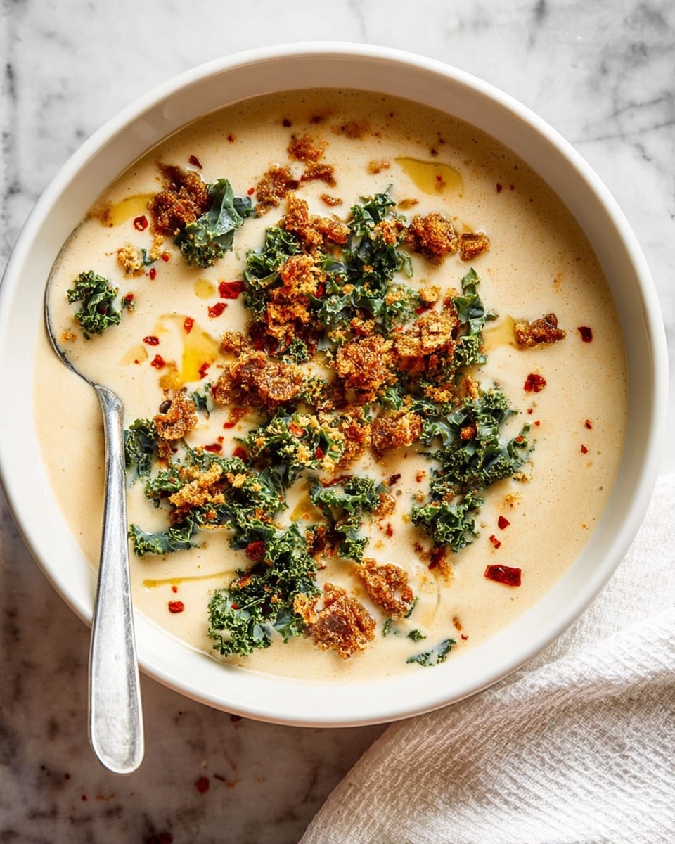 A white bowl filled with creamy off-white soup topped with small, uneven golden-brown crispy pieces scattered across the surface. Bright green leafy kale pieces are spread on top, adding texture and color contrast. There are scattered red chili flakes and small drops of orange oil adding a spicy touch. A silver spoon rests inside the bowl on the left side, partially submerged in the soup. The bowl sits on a white marbled surface with a soft, light-colored cloth partially visible beside it. Photo taken with an iphone --ar 4:5 --v 7