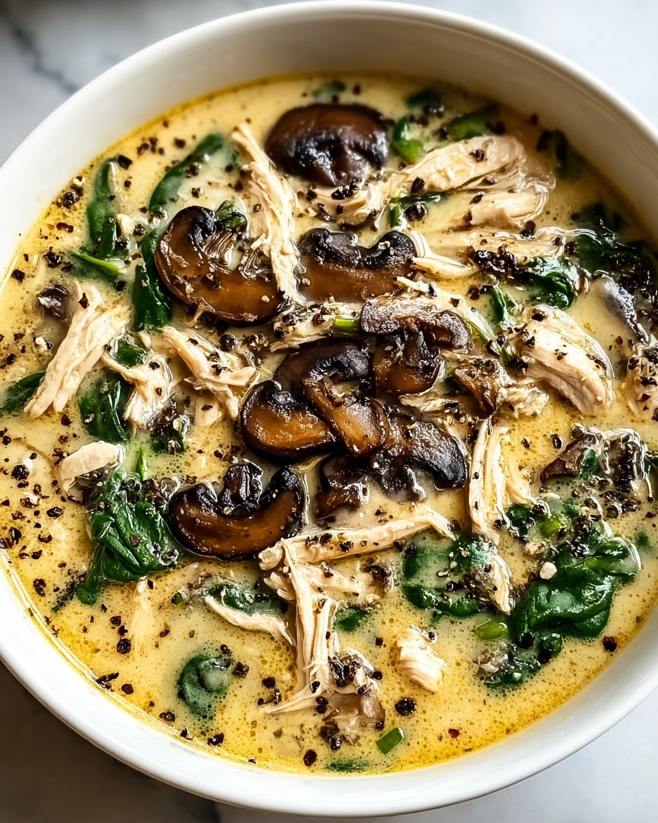 A white bowl filled with a creamy soup showing three main layers: a yellowish creamy base with a smooth texture, scattered large dark brown mushroom slices with a shiny glaze, and white shredded chicken pieces mixed throughout. Bright green leafy spinach is spread across the soup, blending with the other toppings. The surface is sprinkled with coarse black pepper, adding texture and small dark spots. The bowl sits on a white marbled texture. photo taken with an iphone --ar 4:5 --v 7