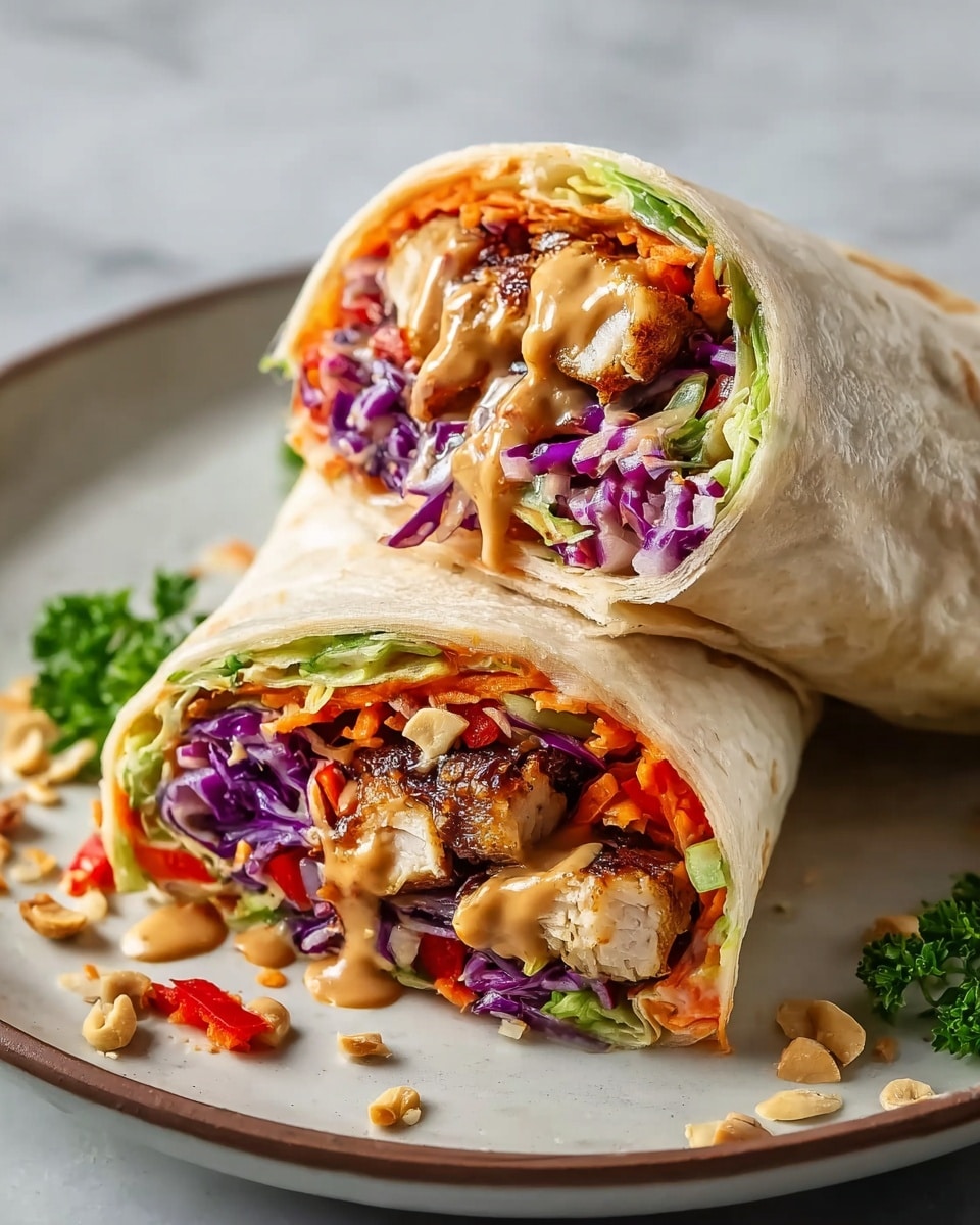 A close-up image of a wrap cut in half and stacked on a white plate with a slightly raised edge. The wrap has a soft, light beige tortilla exterior, filled with multiple colorful layers. From the outside in, the first layer is bright purple shredded cabbage, followed by thin orange carrot strips, finely chopped green lettuce, and small pieces of red bell pepper. Inside the wrap, there are thick chunks of well-grilled, dark golden-brown chicken, covered in a creamy light brown sauce, some of which is dripping slightly onto the plate. The plate rests on a white marbled surface, and the wrap is garnished with a few small green parsley leaves and some chopped nuts scattered around. Photo taken with an iphone --ar 4:5 --v 7