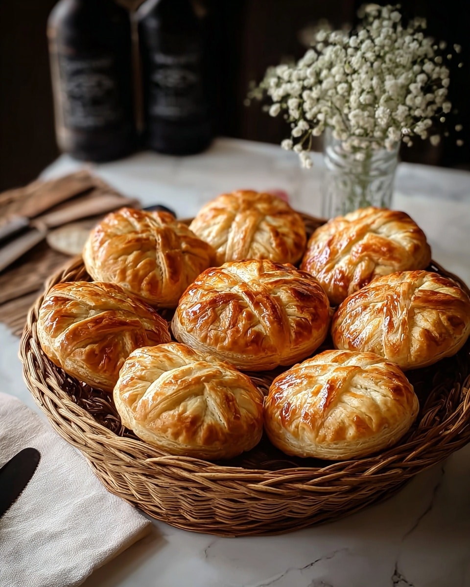 A round woven basket filled with seven golden brown pastries arranged neatly, each pastry showing a layered, flaky texture with a shiny, glazed surface and crisscross pastry strips on top forming a decorative pattern. The basket sits on a white marbled surface, beside a small clear vase with delicate white baby's breath flowers. In the background, there are dark bottles and a folded white cloth with a black knife resting on it. The lighting highlights the warm tones and crisp details of the pastries. photo taken with an iphone --ar 4:5 --v 7