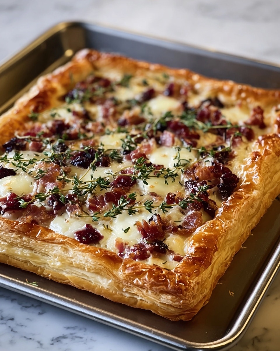A square tart with a thick, golden brown puff pastry crust that looks flaky and layered surrounds a topping of melted creamy white cheese slices scattered evenly across the center. Mixed on top are small chunks of red and dark purple fruit or berry compote and pieces of cooked bacon or ham with a glossy finish. Bright green fresh thyme sprigs are delicately placed over the tart, adding texture and color contrast. The tart rests on a silver baking tray on a white marbled surface. photo taken with an iphone --ar 4:5 --v 7