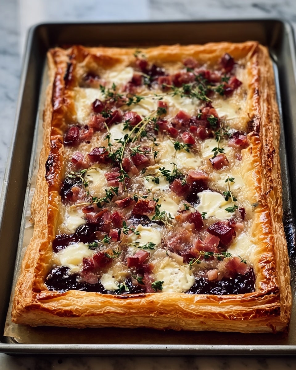 A rectangular puff pastry tart sits on a baking tray, showing multiple golden-brown, flaky layers with a slightly puffed and crispy edge. The center layer is spread with a glossy dark red fruit jam, topped by creamy white slices of melted cheese scattered evenly. On top of this are small chunks of cooked reddish-pink bacon and fresh green sprigs of thyme, adding texture and color contrast. The tart looks freshly baked with a slightly caramelized finish on the pastry edges. The background is a white marbled surface with a soft focus. photo taken with an iphone --ar 4:5 --v 7