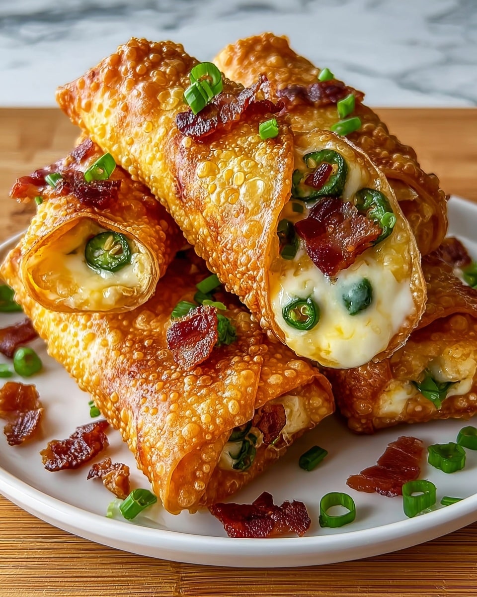 The image shows a plate of four golden-brown rolled egg rolls with a crispy, bubbly texture on their outer shells. Two egg rolls are positioned on the bottom, partially covered by two on the top, all placed on a white plate. The top rolls are cut open, revealing a creamy, white melted cheese filling with visible slices of green jalapeño peppers and small cubes of crispy dark red bacon. The bacon and jalapeño pieces also sprinkle on top and around the plate, adding pops of green and red against the warm golden-brown egg rolls. The plate sits on a wooden surface with a white marbled texture background. photo taken with an iphone --ar 4:5 --v 7