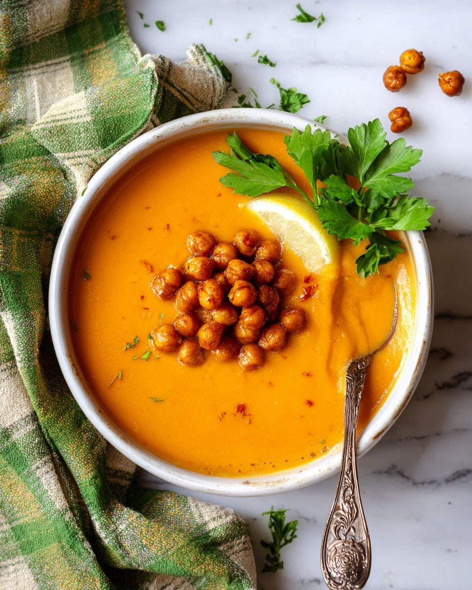 A white bowl filled with smooth, thick orange soup. On the top center, there is a cluster of golden-brown roasted chickpeas with a slightly crispy texture. To the right of the chickpeas, a fresh green parsley leaf is placed as garnish, along with a small wedge of lemon partly submerged in the soup. A vintage silver spoon with an ornate handle rests inside the bowl on the right side, lifting some soup, showing its creamy consistency. The bowl is set on a white marbled surface with a green and white plaid cloth draped around the top left corner. A few roasted chickpeas are scattered on the surface near the bowl. Photo taken with an iphone --ar 4:5 --v 7