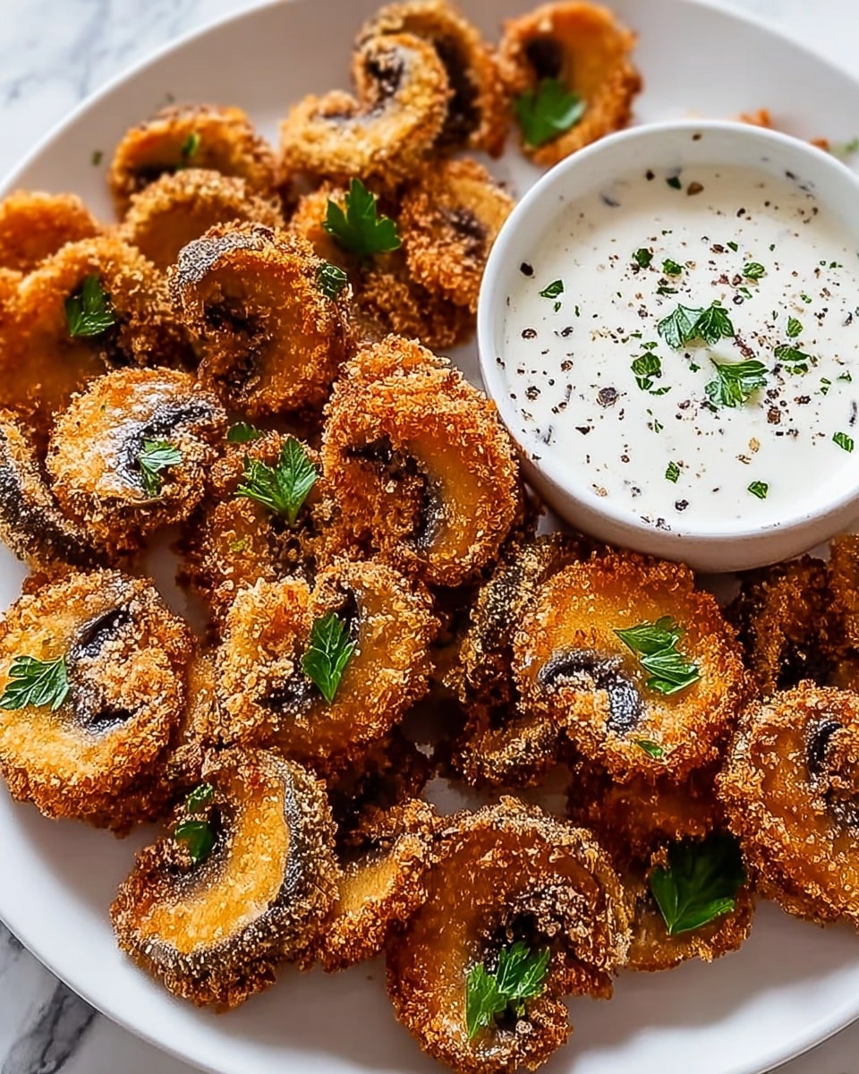 A white plate filled with several pieces of golden-brown breaded and fried mushroom slices, each coated with a crunchy, textured crust. The mushrooms are scattered with small green parsley leaves, adding a fresh touch of color. Next to the mushrooms, on the plate, is a white bowl filled with creamy white dipping sauce, speckled with black pepper and more finely chopped green herbs. The whole scene is set on a white marbled surface, showing the crunch and juicy inside of the mushrooms clearly. photo taken with an iphone --ar 4:5 --v 7