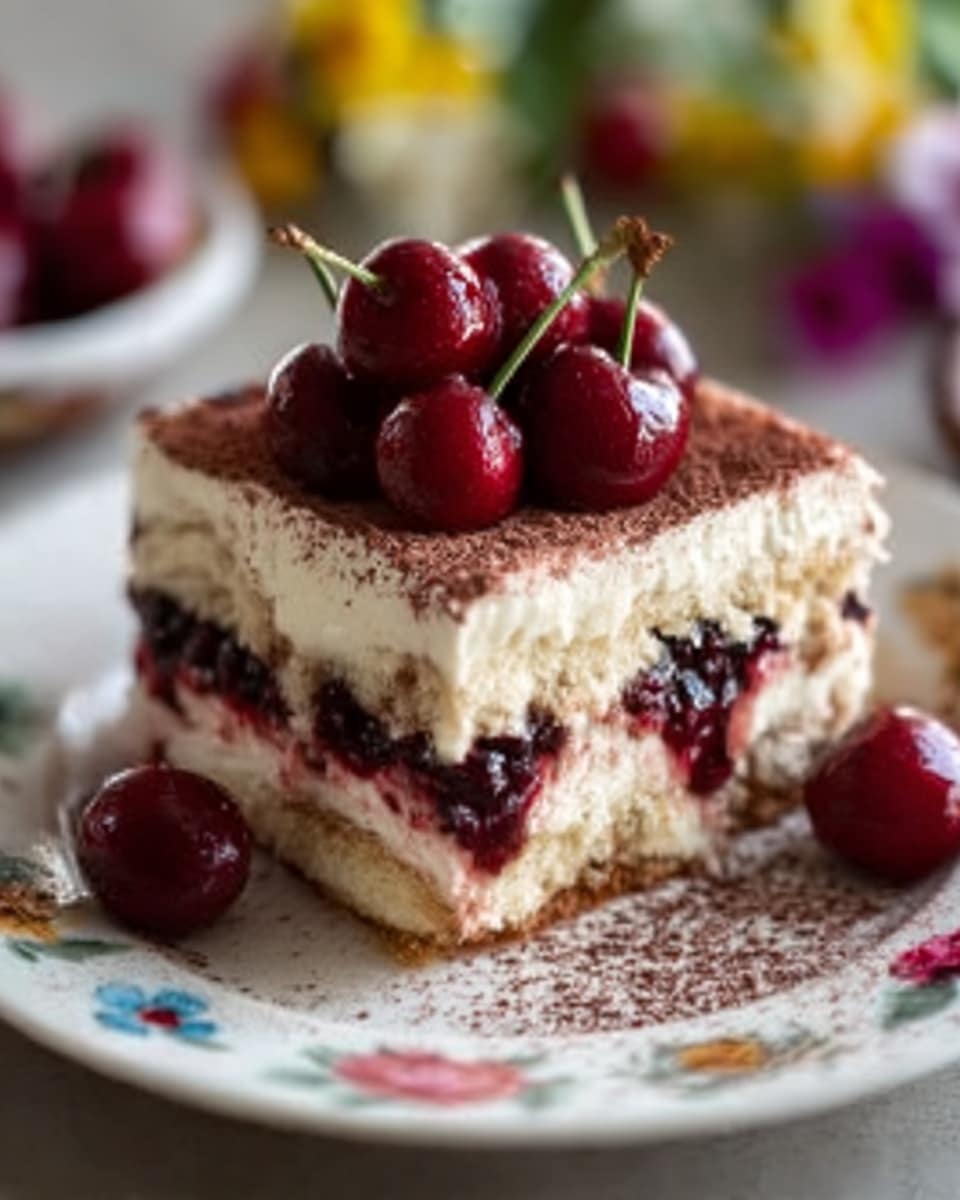 A square slice of dessert with four layers sits on a white plate decorated with red, blue, and green floral patterns. The bottom layer is a light brown biscuit base, followed by a thick white creamy layer. Above it, there is a dark red jelly-like fruit layer filled with cherries, then a second layer of biscuit similar to the bottom. On top is a thick white creamy layer dusted with cocoa powder. Fresh shiny red cherries with stems are piled on the top. The plate sits on a white marbled surface with a blurred background of green and colorful flowers. Photo taken with an iphone --ar 4:5 --v 7