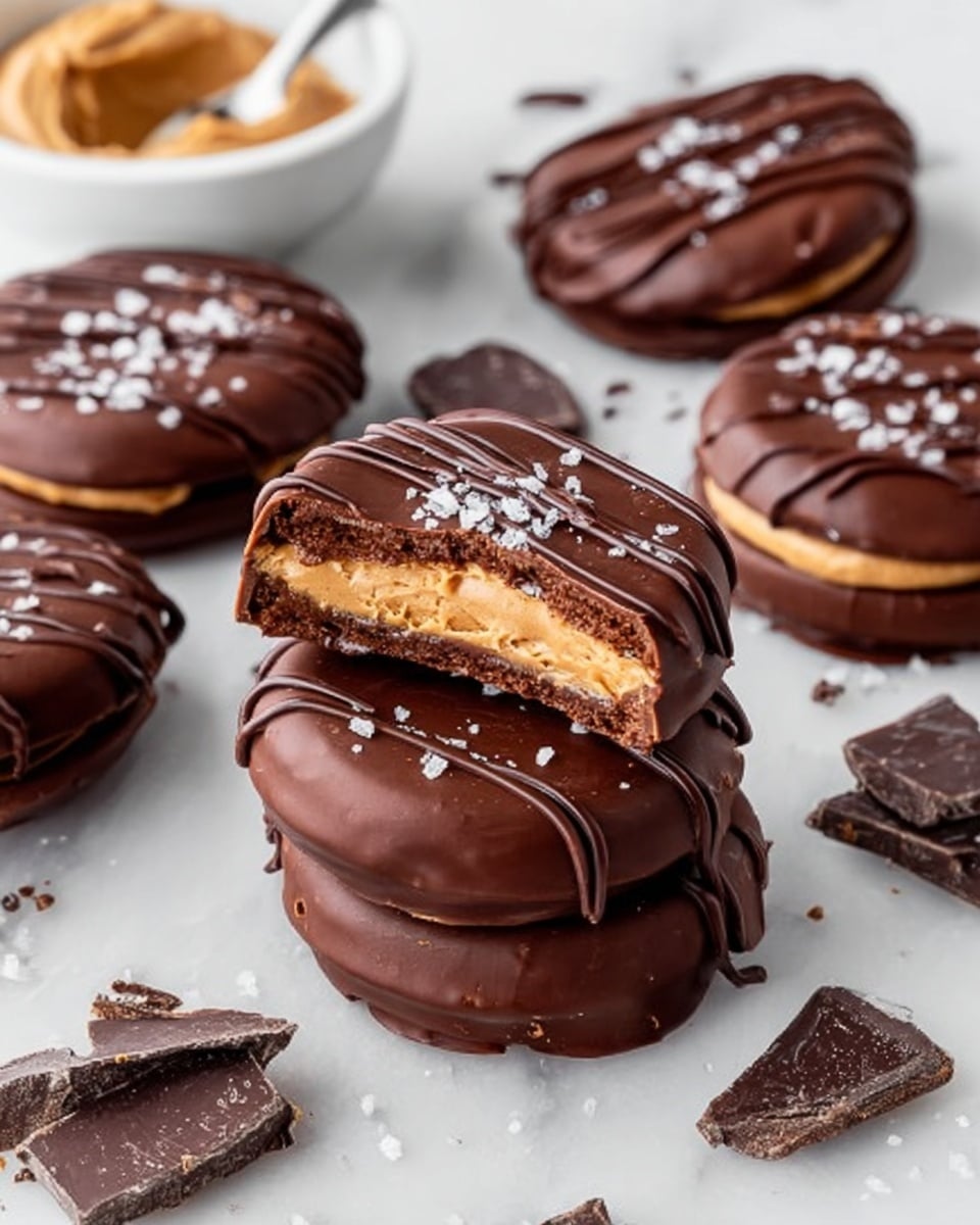 The image shows a group of round chocolate-covered cookies placed on a white marbled surface. One cookie in the center is stacked with another, and on top of these is a cookie broken in half to show two thick layers inside: a smooth, creamy light brown filling sandwiching a slightly darker brown layer. The glossy dark chocolate coating covers the outside of each cookie, and they are drizzled with thin lines of chocolate and sprinkled with coarse white salt flakes. Around the cookies are scattered pieces of broken dark chocolate. In the background, there is a white bowl with a mixture of light brown peanut butter or cream, and a spoon inside it. photo taken with an iphone --ar 4:5 --v 7