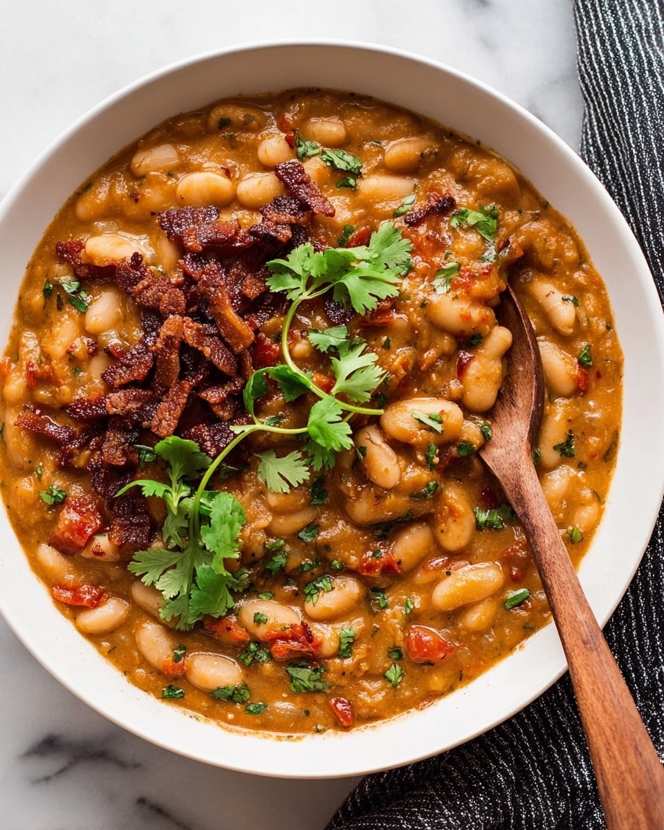 A white bowl filled with about three layers of cooked white beans mixed in a thick brownish-orange sauce, scattered with small pieces of red tomato and green herbs throughout. On top, there is a layer of crispy dark reddish-brown bacon bits and fresh bright green cilantro leaves adding texture and color. A wooden spoon with a rich brown finish rests inside the bowl on the right side. The bowl sits on a white marbled surface with a black and white striped cloth partially visible at the top right corner. Photo taken with an iphone --ar 4:5 --v 7