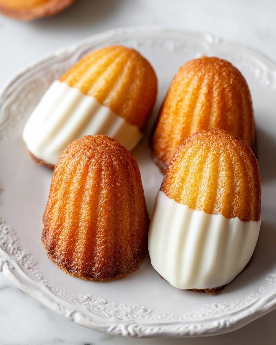 The image shows three madeleine cakes arranged on a white plate with decorative edges. Each madeleine has two layers: the top two-thirds are golden brown with a soft crumb texture and curved ridges, while the bottom one-third is dipped in smooth white icing, creating a sharp contrast. The cakes are positioned close to each other, and the plate sits on a white marbled surface. Photo taken with an iphone --ar 4:5 --v 7