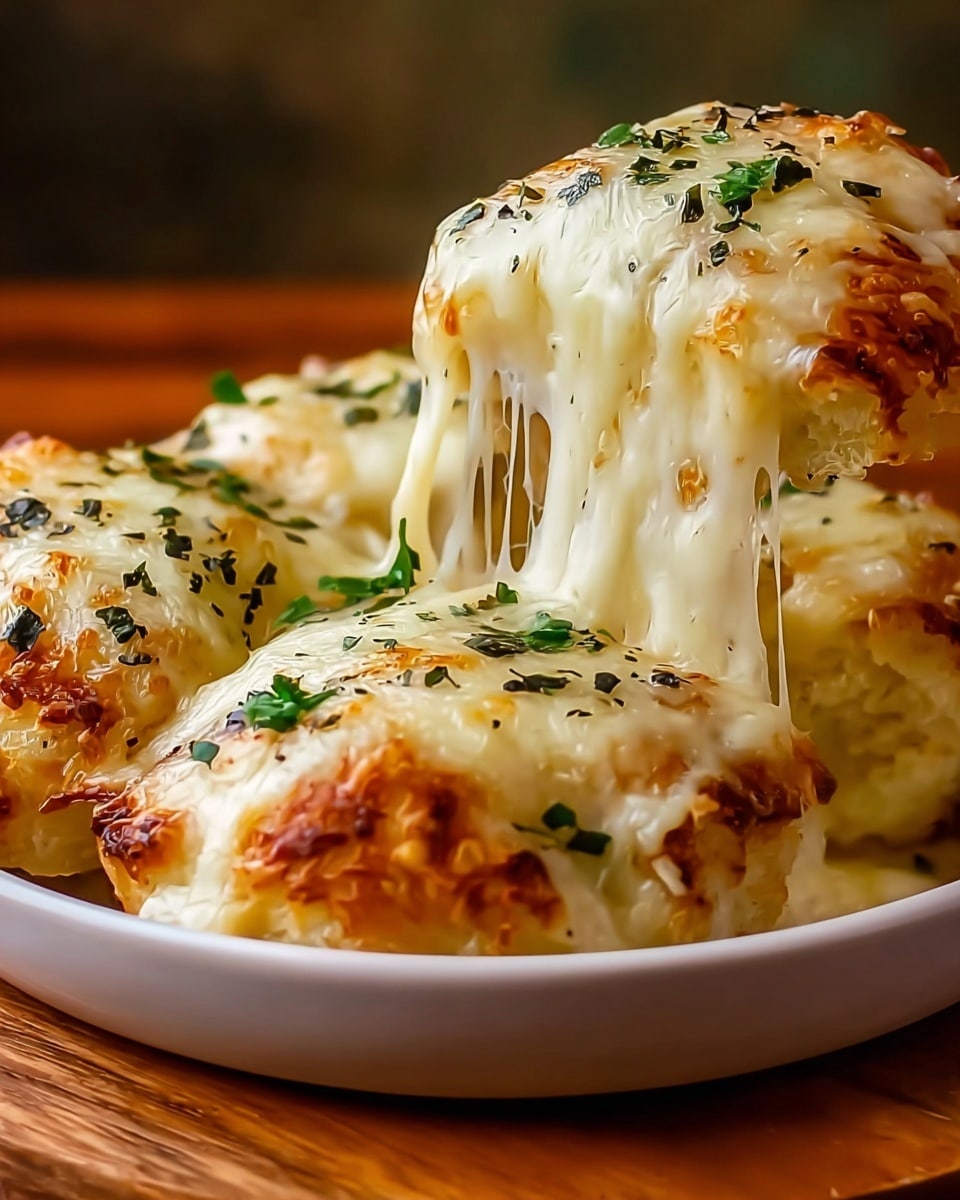 The image shows four pieces of baked food topped with melted white cheese that stretches as one piece is pulled apart, revealing a gooey texture beneath. The cheese covers the golden-brown surface of each piece and is sprinkled with small, dark green herb bits, adding color contrast. The food is served in a shallow white bowl resting on a warm wooden surface, with a soft, blurred brown and green background. photo taken with an iphone --ar 4:5 --v 7