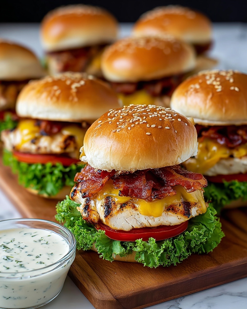 The image shows four grilled chicken sandwiches arranged on a wooden board, each with a shiny sesame seed white bun. The bottom layer has fresh, curly green lettuce, topped by a thick grilled chicken breast with char marks. Above the chicken, melted yellow and white cheese drips slightly over the sides, followed by crispy reddish-brown bacon strips and bright red tomato slices. The top bun sits perfectly on each sandwich, showcasing a soft, golden-brown texture with sesame seeds. In the background, a small glass bowl with a creamy white sauce speckled with herbs is visible, all placed on a white marbled surface. Photo taken with an iphone --ar 4:5 --v 7