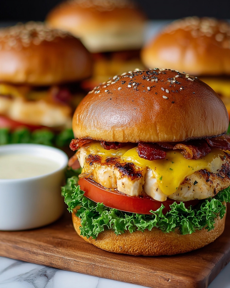 A close-up of a grilled chicken sandwich with four clear layers, all inside a shiny brown sesame seed bun; the bottom layer shows fresh, curly green lettuce, followed by a thick, bright red slice of tomato, then a golden grilled chicken breast topped with melted yellow cheese and small bits of crispy bacon, and finally the golden-brown top bun sprinkled with sesame seeds. The sandwiches are on a wooden board, with a white cup of sauce blurred in the background on a white marbled surface. photo taken with an iphone --ar 4:5 --v 7
