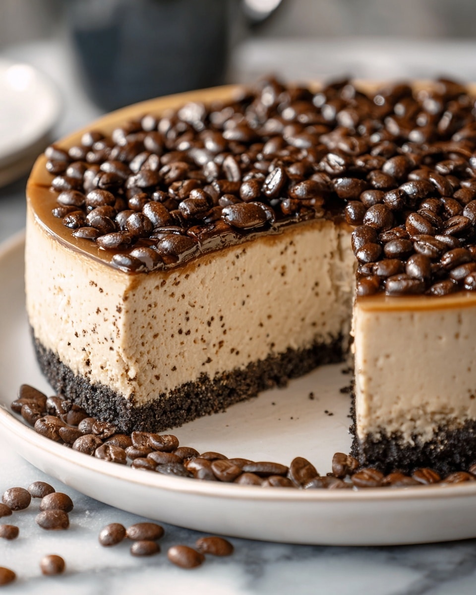 A close-up view of a three-layer coffee-flavored cheesecake on a white plate with scattered coffee beans around it on a white marbled surface; the bottom layer is a dark crumbly crust, the middle layer is thick and creamy beige with small coffee specks throughout, and the top layer is covered evenly with shiny whole coffee beans, with one large slice removed revealing the smooth texture inside, photo taken with an iphone --ar 4:5 --v 7